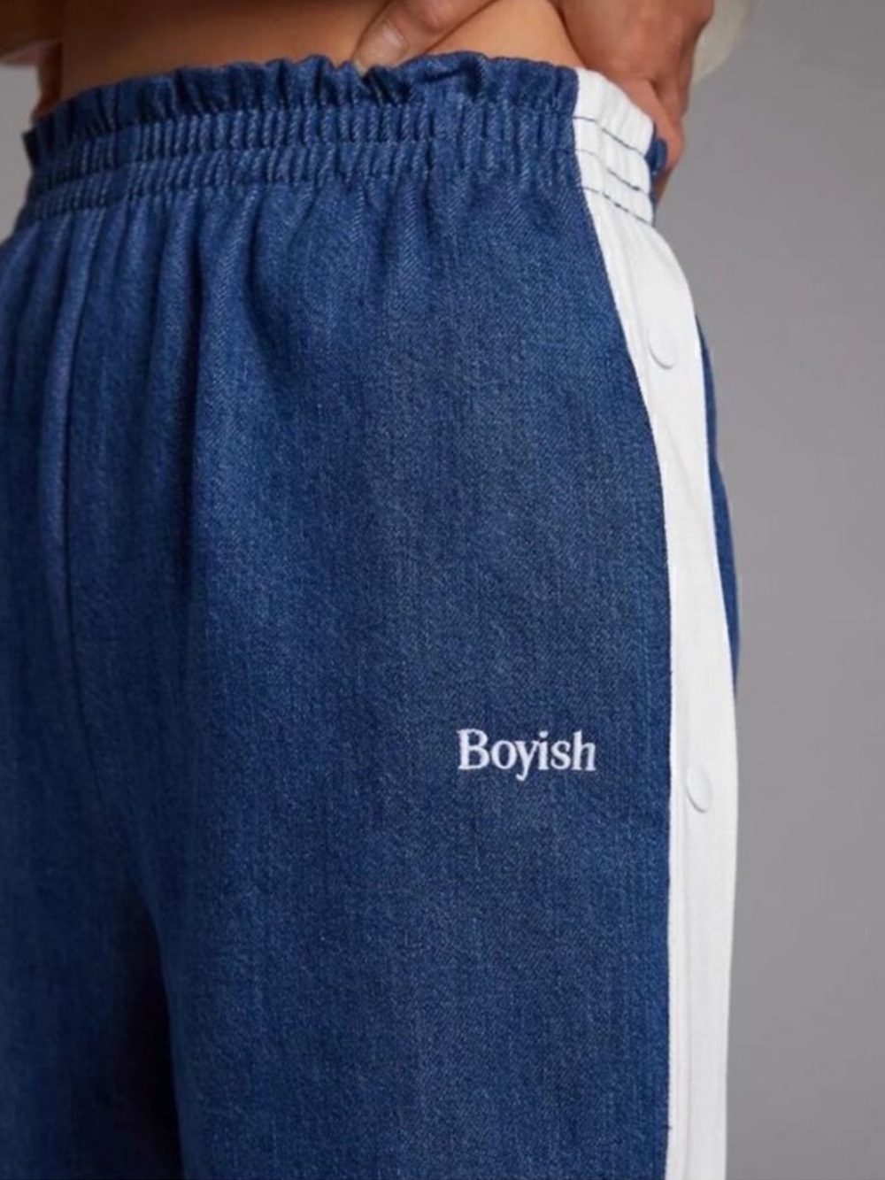 Boyish Track Pants Denim White Stripe Pull Away Snap Size Medium - Picture 9 of 9